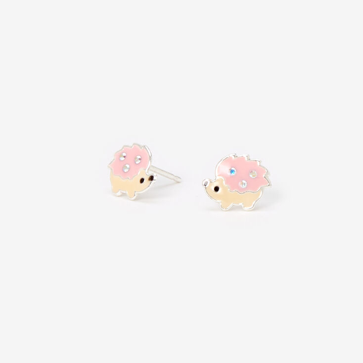 Sterling Silver Hedgehog Stud Earrings - Pink,