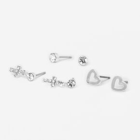Silver-tone Heart &amp; Crosses Stud Earrings - 3 Pack,
