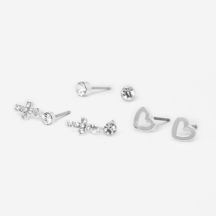 Silver-tone Heart &amp; Crosses Stud Earrings - 3 Pack,