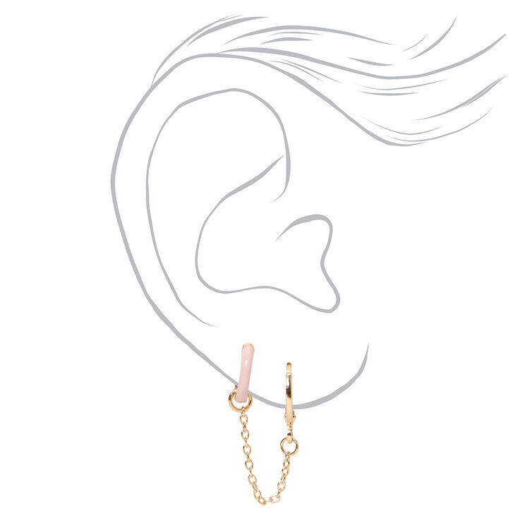 Gold &amp; Pink Enamel Connector Chain Huggie Hoop Earrings,