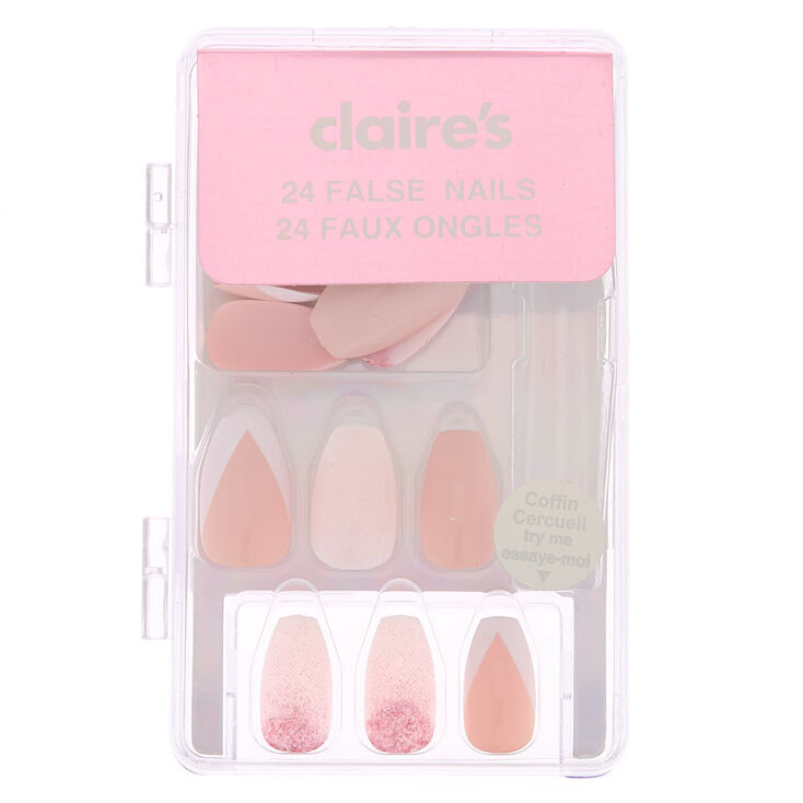Ombre Glitz &amp; French Tip Coffin Faux Nail Set - Pink, 24 Pack,