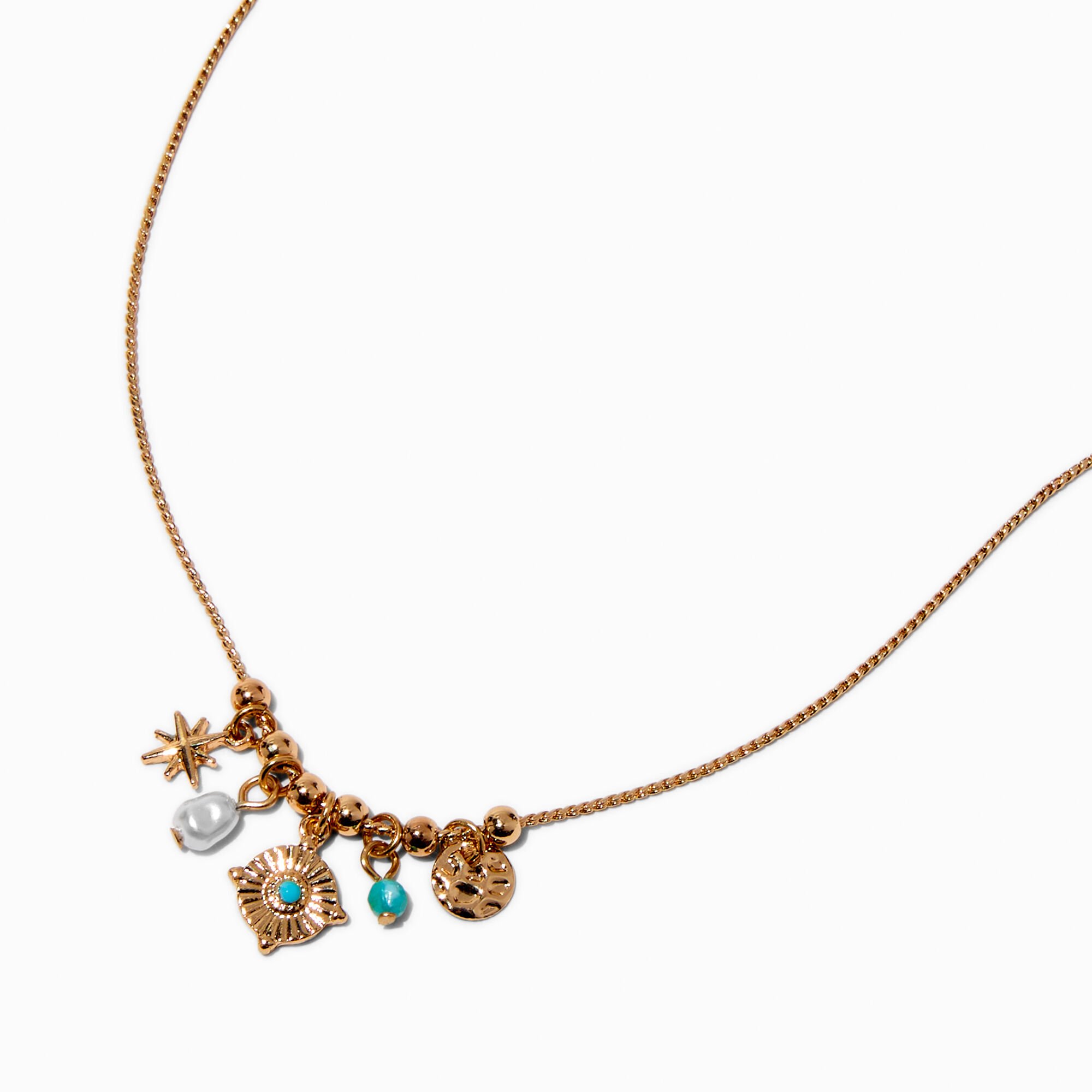 View Claires Pearl Mini Charm Cluster Pendant Necklace Turquoise information