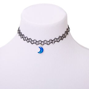 Crescent Moon Glow In The Dark Tattoo Choker Necklace - Blue,
