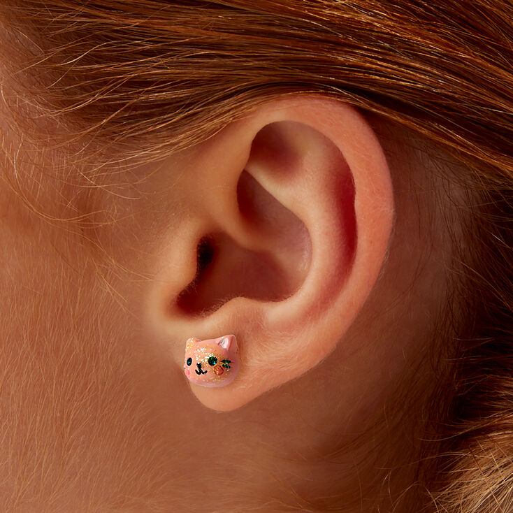 Pink Glitter Cat Face Stud Earrings,