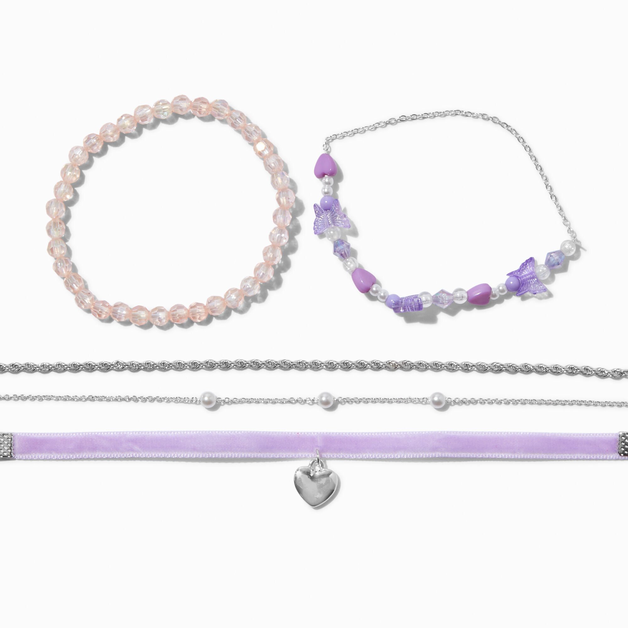Silver Heart Purple Velvet, Beaded & Chain Bracelet Set - 5 Pack,