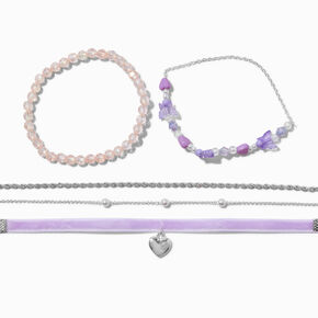 Silver Heart Purple Velvet, Beaded &amp; Chain Bracelet Set - 5 Pack,