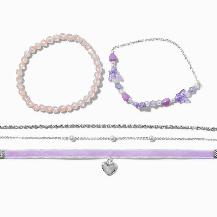 Silver Heart Purple Velvet, Beaded &amp; Chain Bracelet Set - 5 Pack,