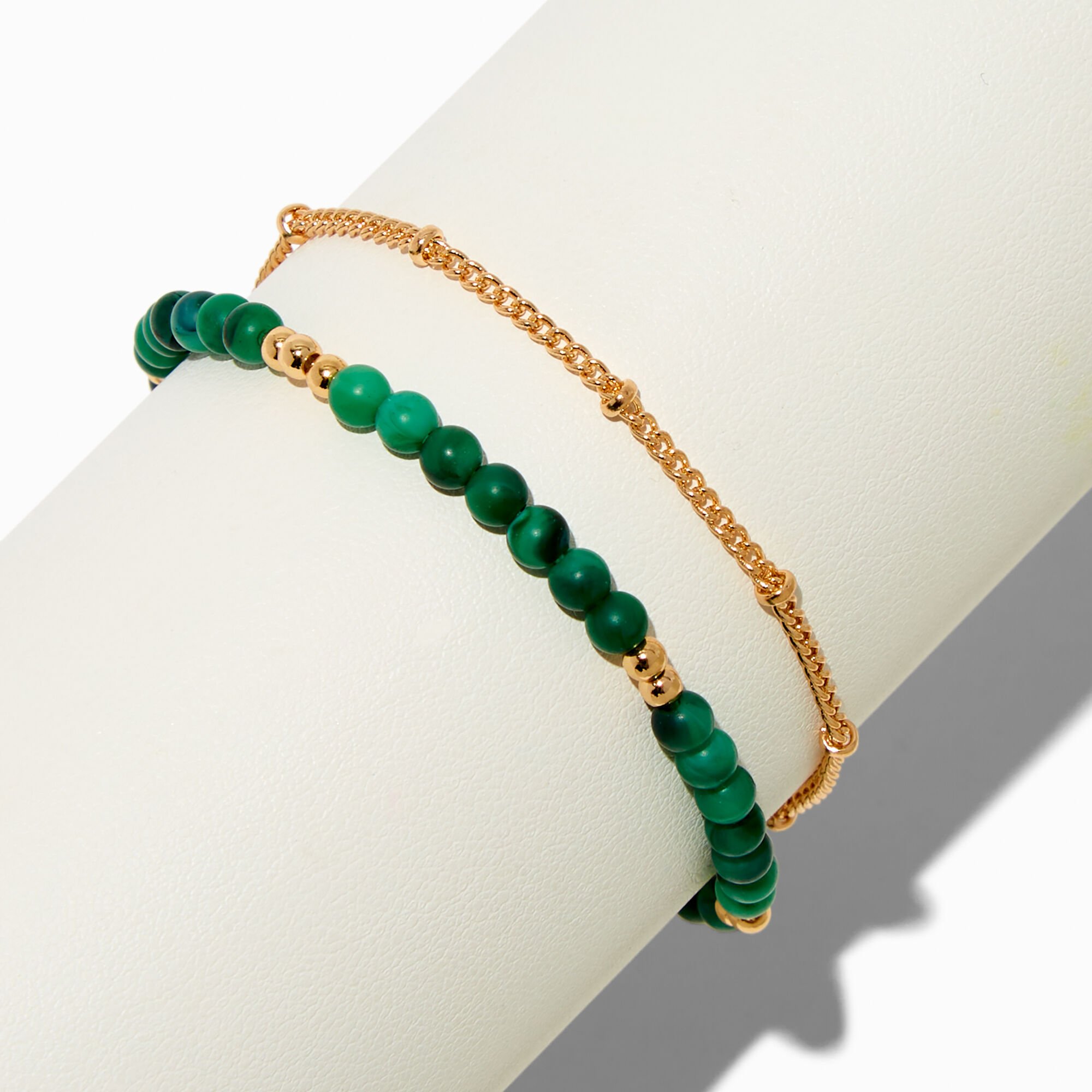 Green Beaded Gold-tone Chain Adjustable Bracelet,