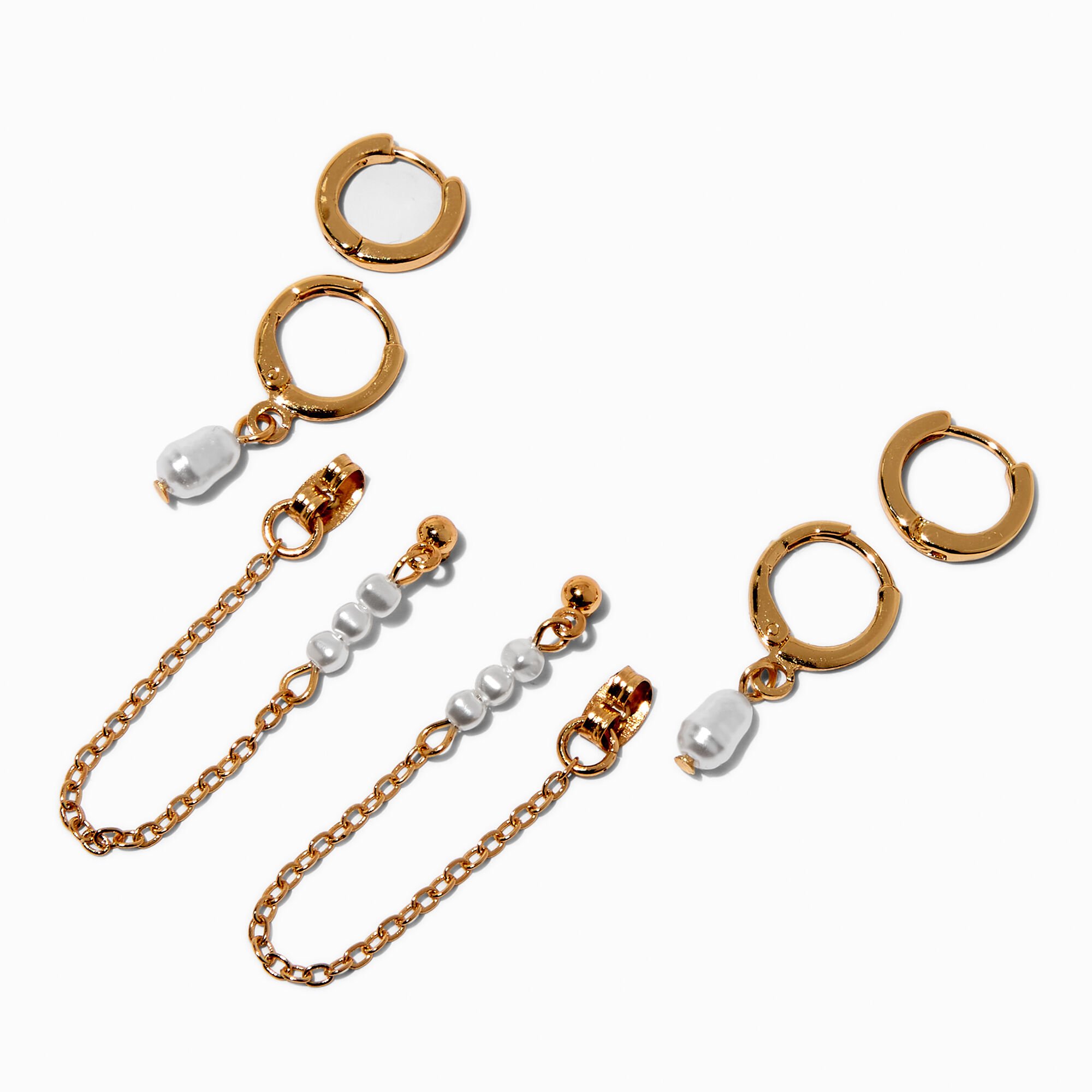 Gold-tone Pearl Chain Earring Stackables Set - 3 Pack,