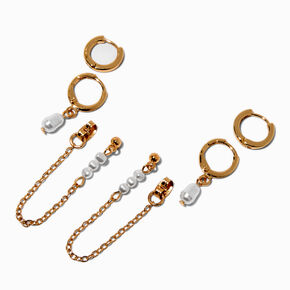 Gold-tone Pearl Chain Earring Stackables Set - 3 Pack,