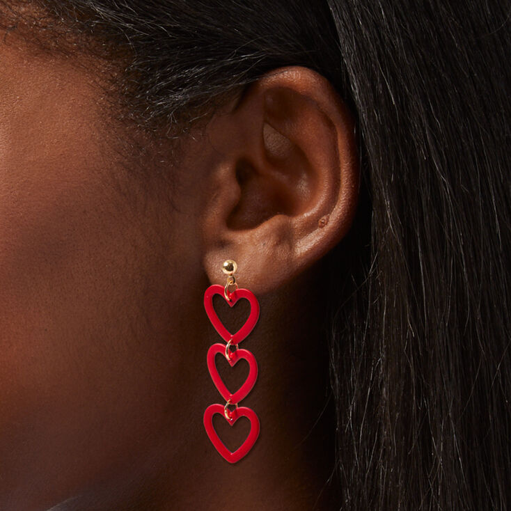 Red Triple Heart 2&quot; Linear Drop Earrings,