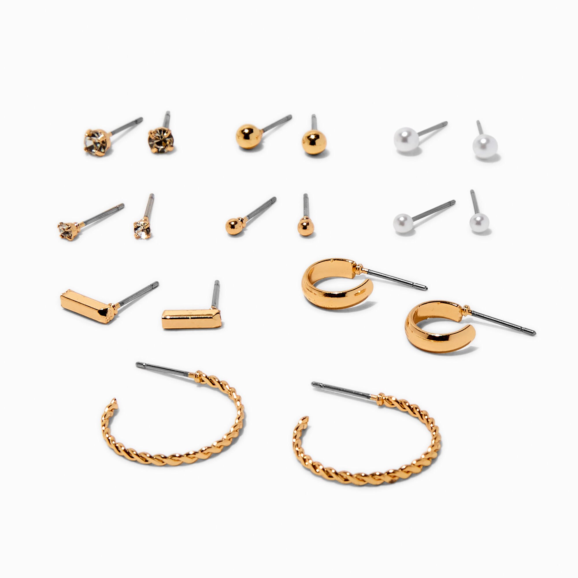 Gold-tone Crystal & Pearl Basic Earrings Set - 9 Pack,