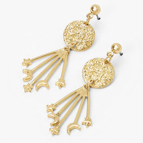 Gold 2&quot; Textured Moon and Stars Drop Earrings,