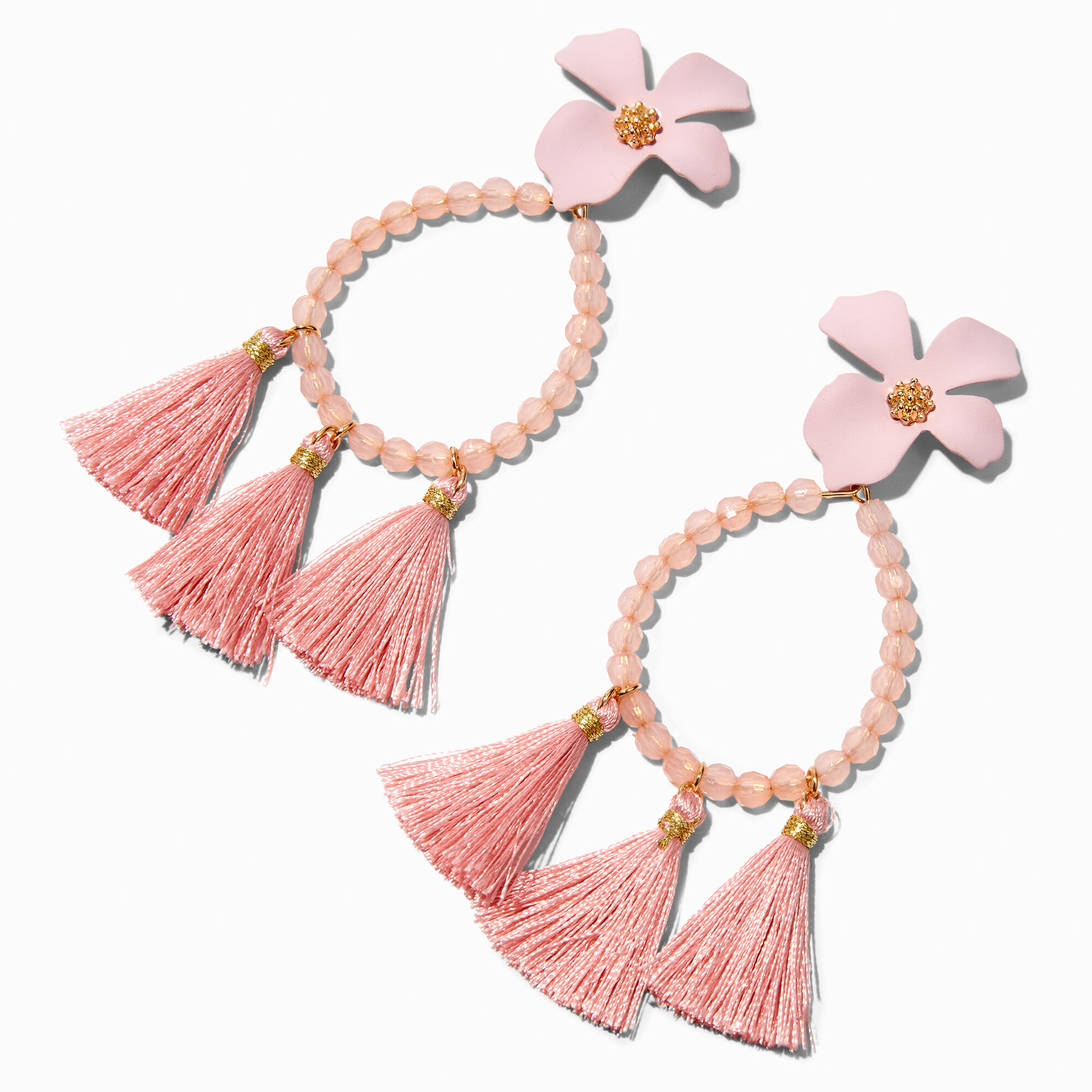 View Claires Flower Teardrop Tassel 3 Drop Earrings Pink information