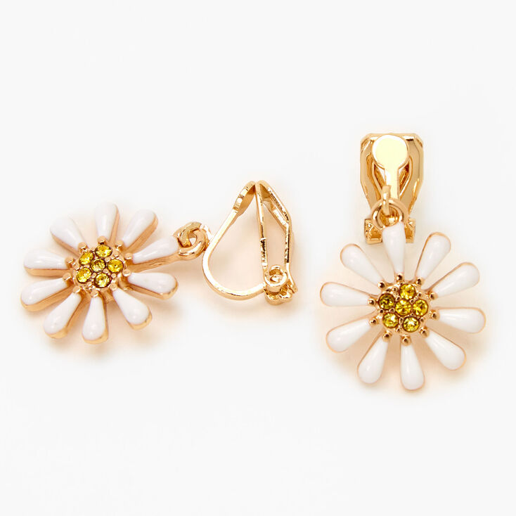 Gold 1&quot; Daisy Clip-On Drop Earrings - White,