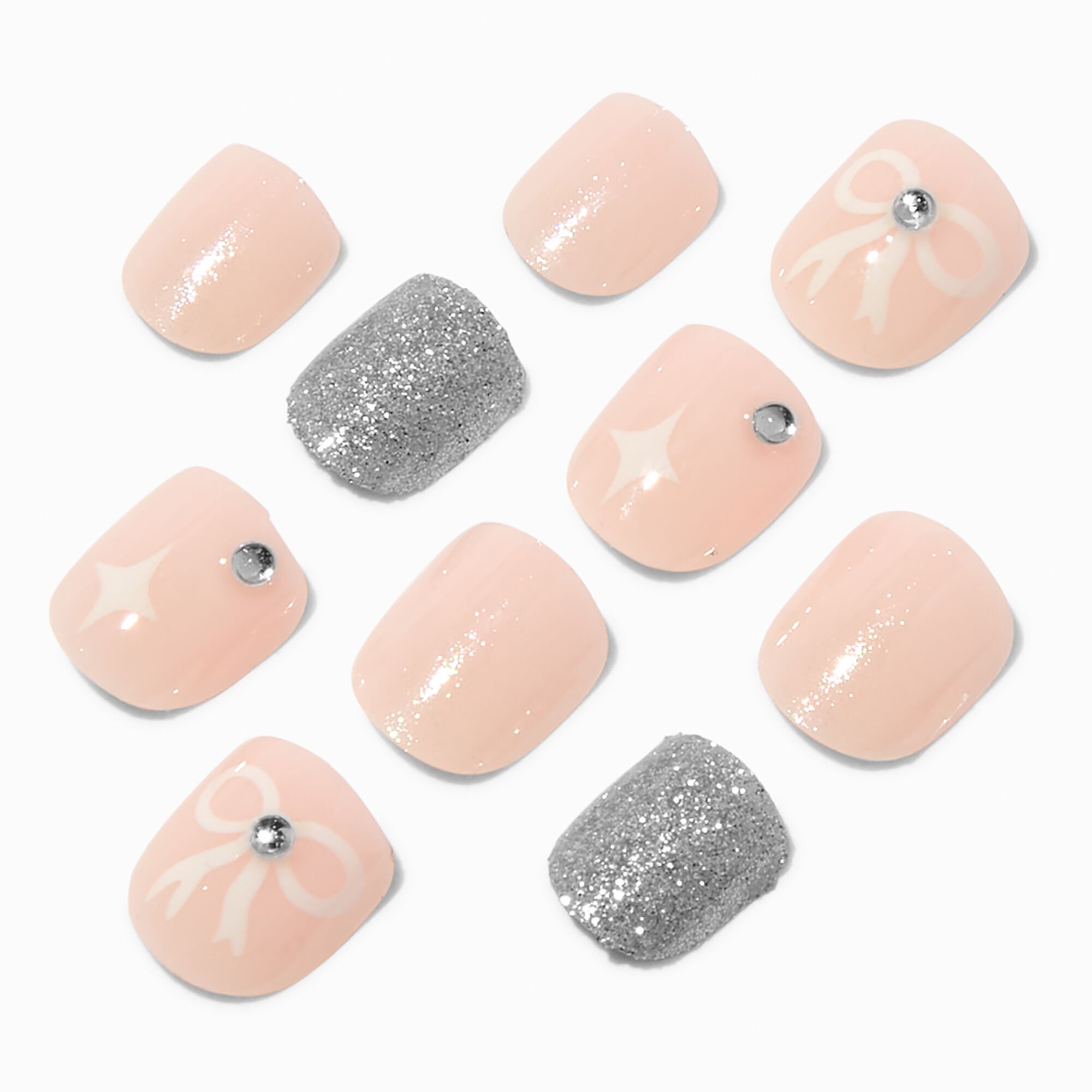 Claire's Club Glitter Gemstone Bow Press On Vegan Faux Nail Set - 10 Pack,
