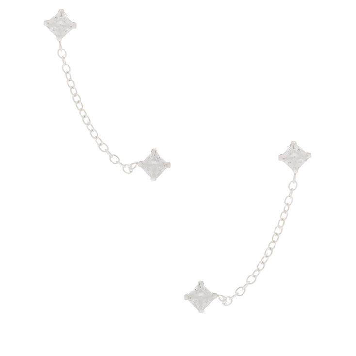 Claire's Clous d'oreille à chaîne carrés 3 mm en zircon cubique d'imitation couleur argenté