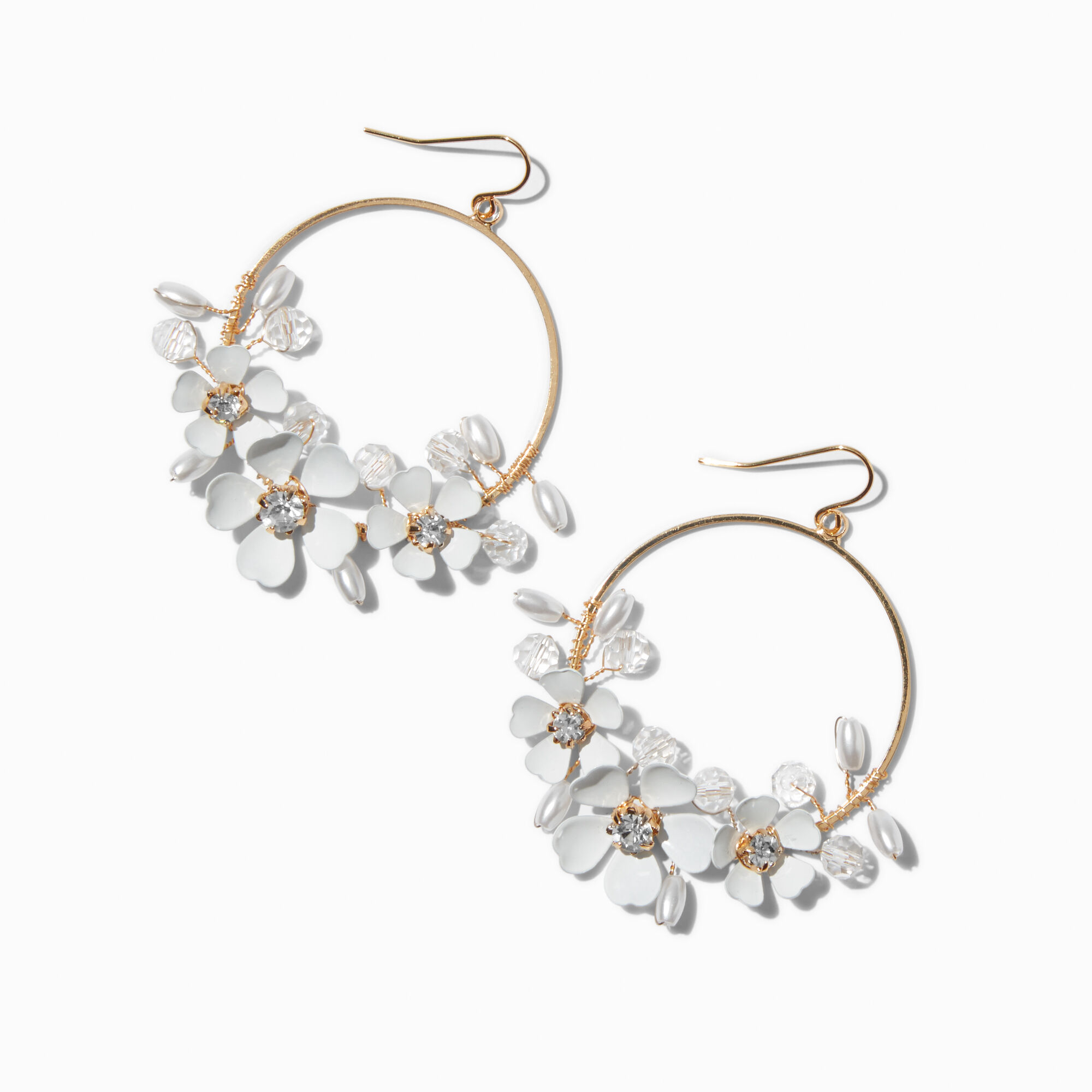 View Claires Crystal Flower Drop Hoop Earrings White information