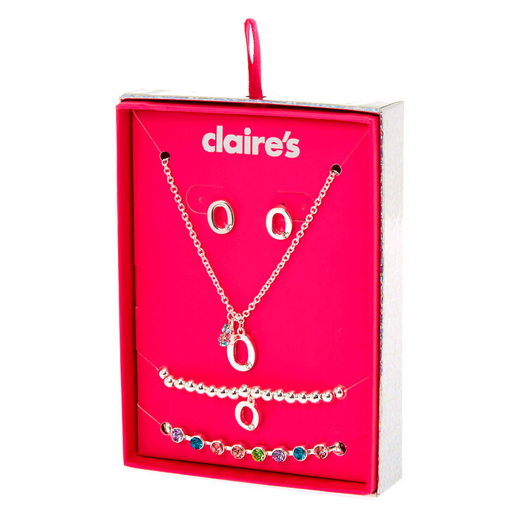 Claire's Coffret cadeau parure de bijoux à initiale O arc-en-ciel couleur argenté - Lot de 4