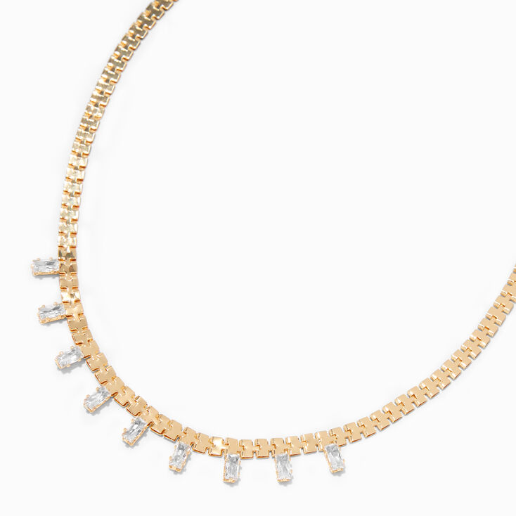 Gold Cubic Zirconia Baguette Charm Box Chain Necklace,