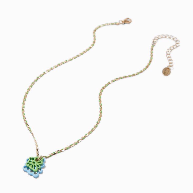 Collier &agrave; pendentif papillon vert et bleu,