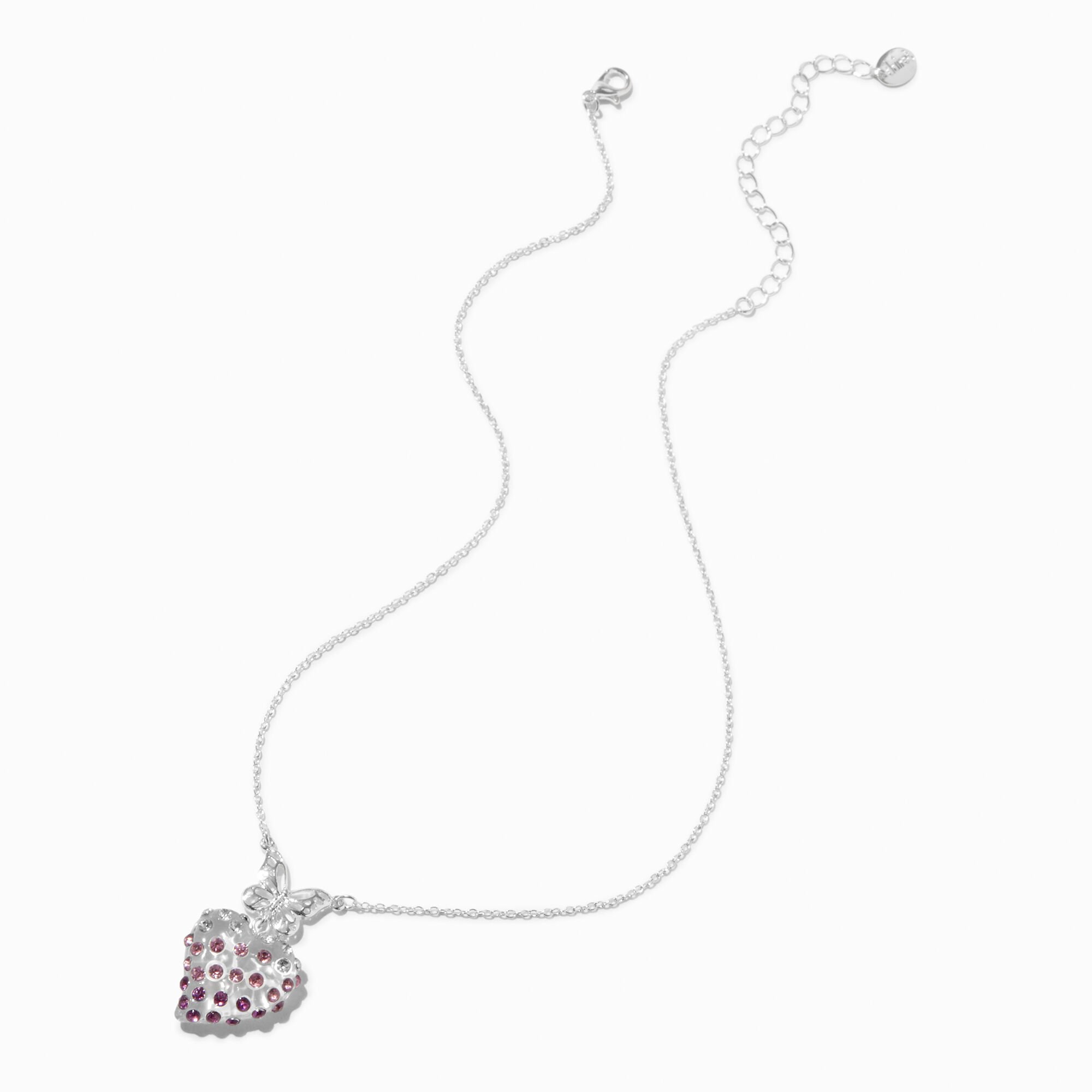 Silver-tone Pavé Heart & Butterfly Pendant Necklace,