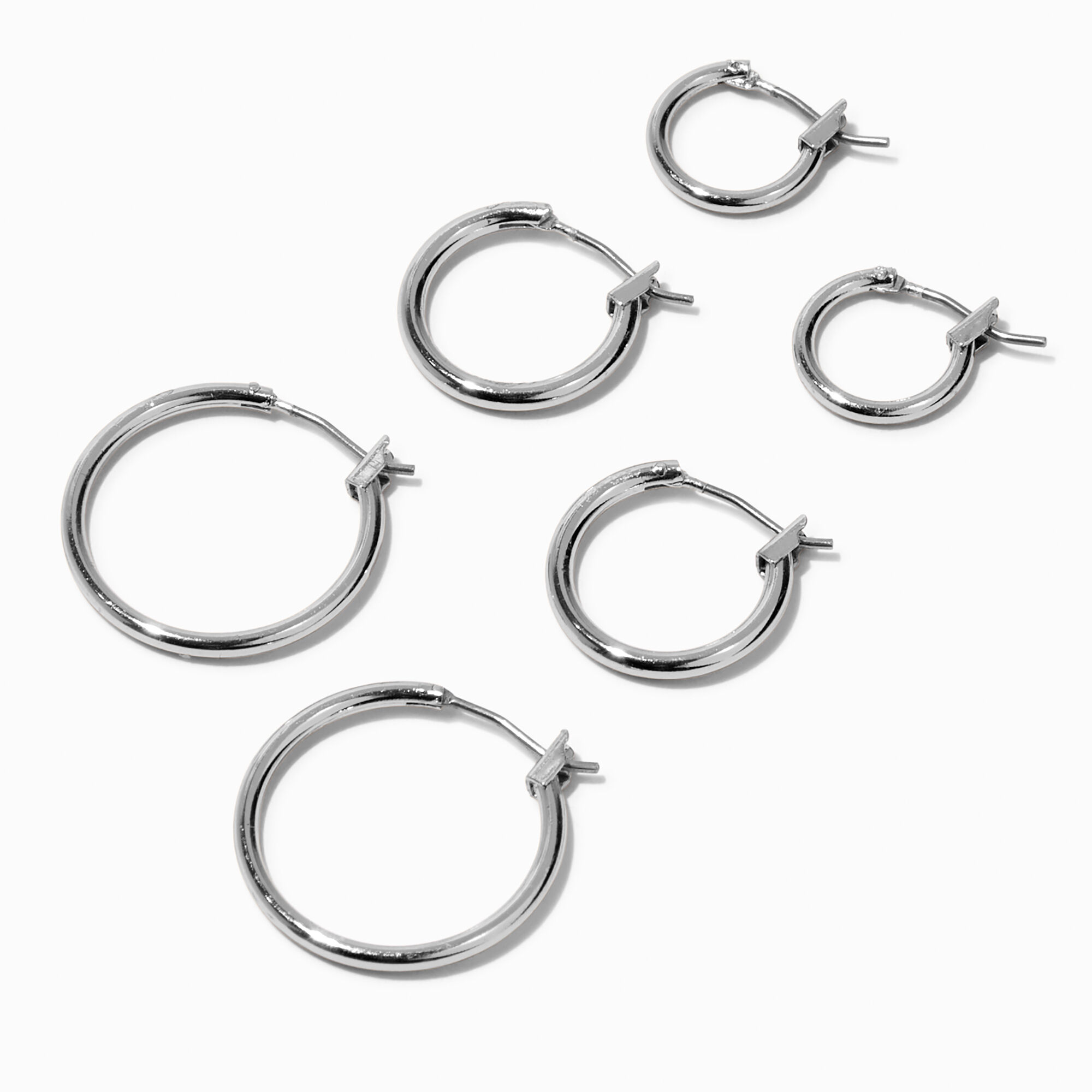 View Claires Tone Graduated Hinge Hoop Earrings 3 Pack Silver information