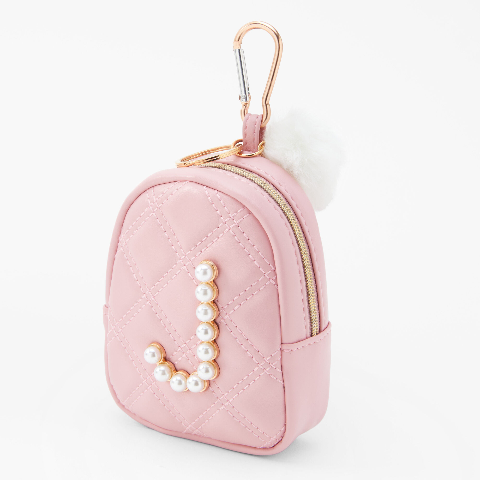 Claire's Porte-clés mini sac à dos perles d'imitation à initiale - Rose tendre, J