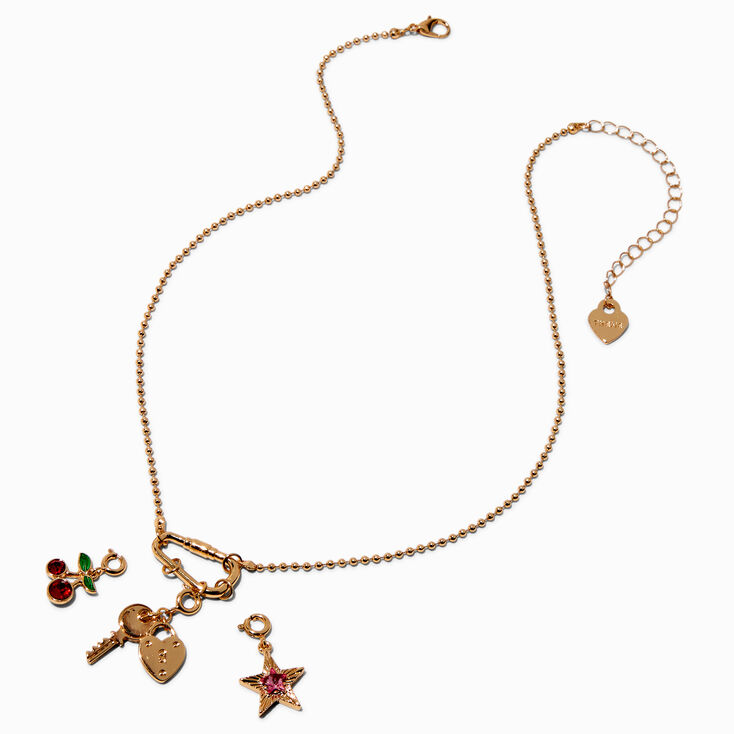 T H E M E x Claire&#39;s Cherry Gold-tone Ball Chain Charm Necklace,