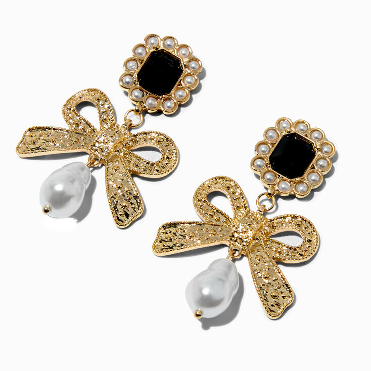 Gold-tone Pearl &amp; Bow 2&quot; Drop Earrings ,