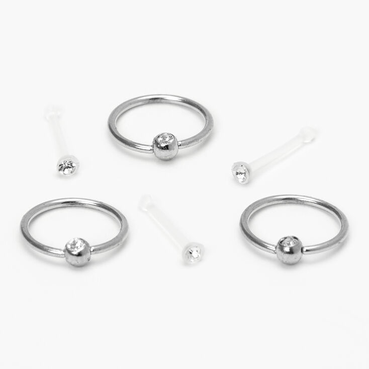 Silver 20G Retainer Stud &amp; Hoop Nose Rings - Clear, 6 Pack,