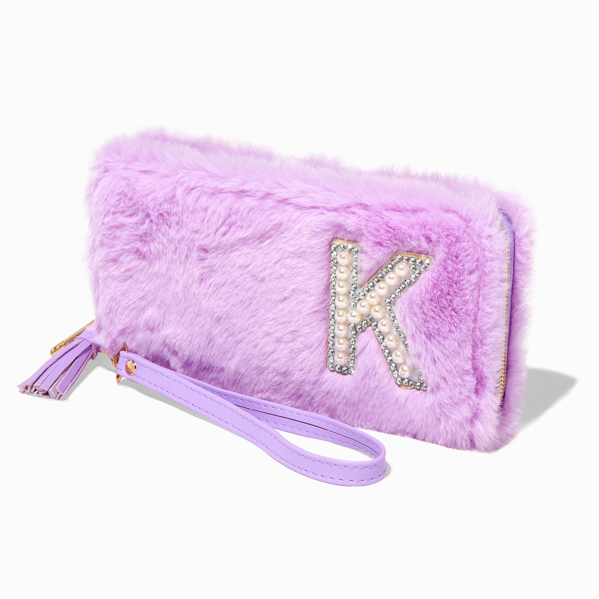 View Claires Lavender Furry Pearl Initial Wristlet Wallet K information