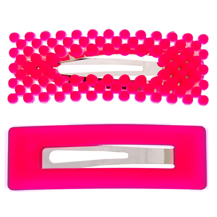 Claire's Barrettes clic clac rectangulaires avec perles d’imitation et finition mate - Rose fluo, lot de 2