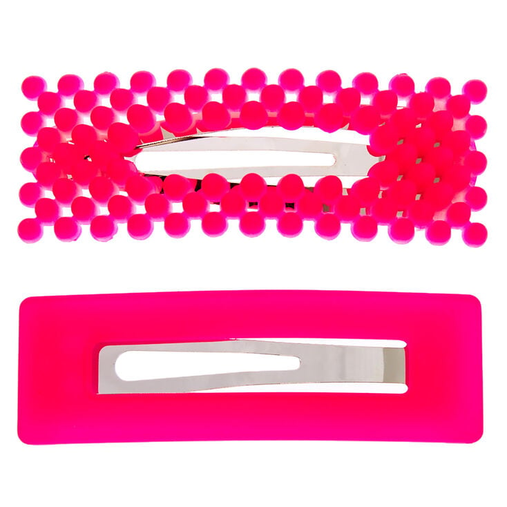 Barrettes clic clac rectangulaires avec perles d&rsquo;imitation et finition mate - Rose fluo, lot de 2,