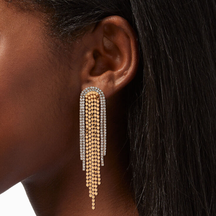Gold Rhinestone 4&quot; Disco Fringe Drop Earrings,