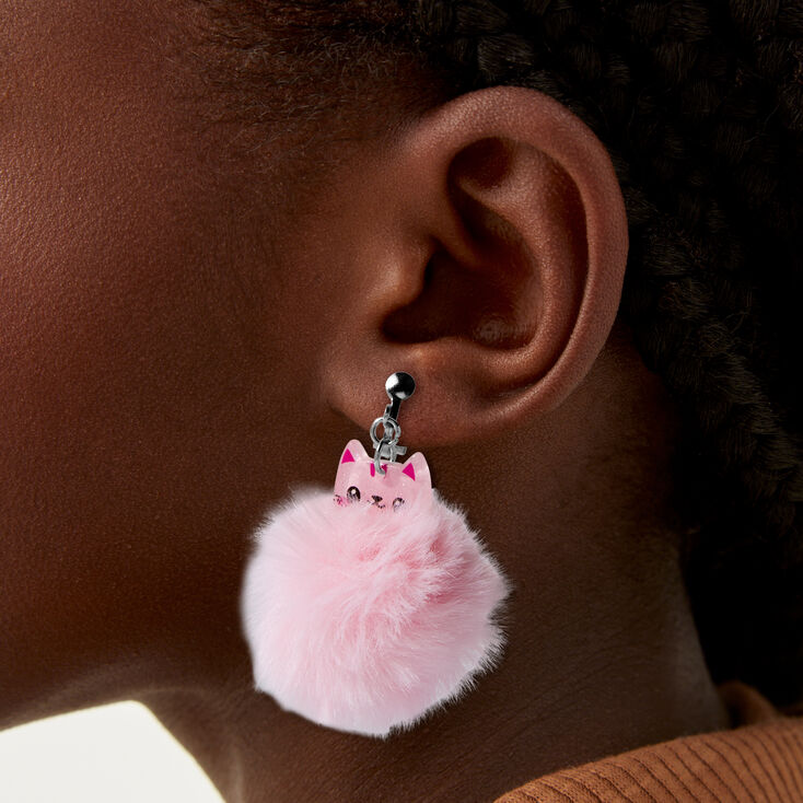 Pink Cat Pom Pom 1.5&quot; Clip-On Drop Earrings,