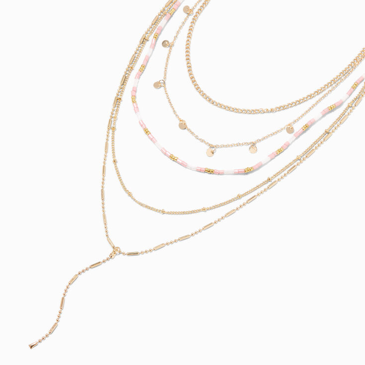 Gold-tone Pink &amp; Nude Seed Bead Disc Multi-Strand Y-Neck Necklace,