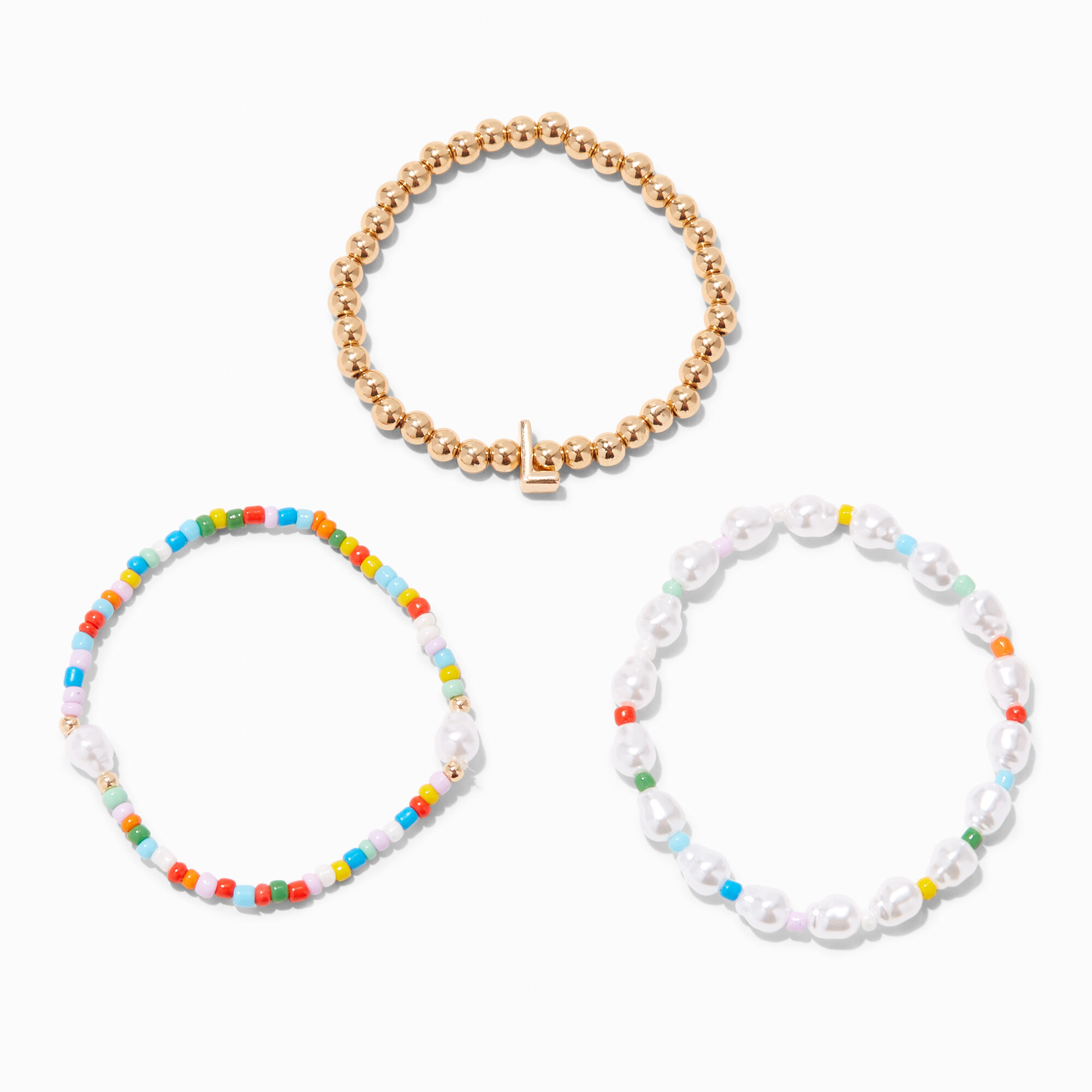 Gold-tone Beaded Initial Stretch Bracelet Set - L,