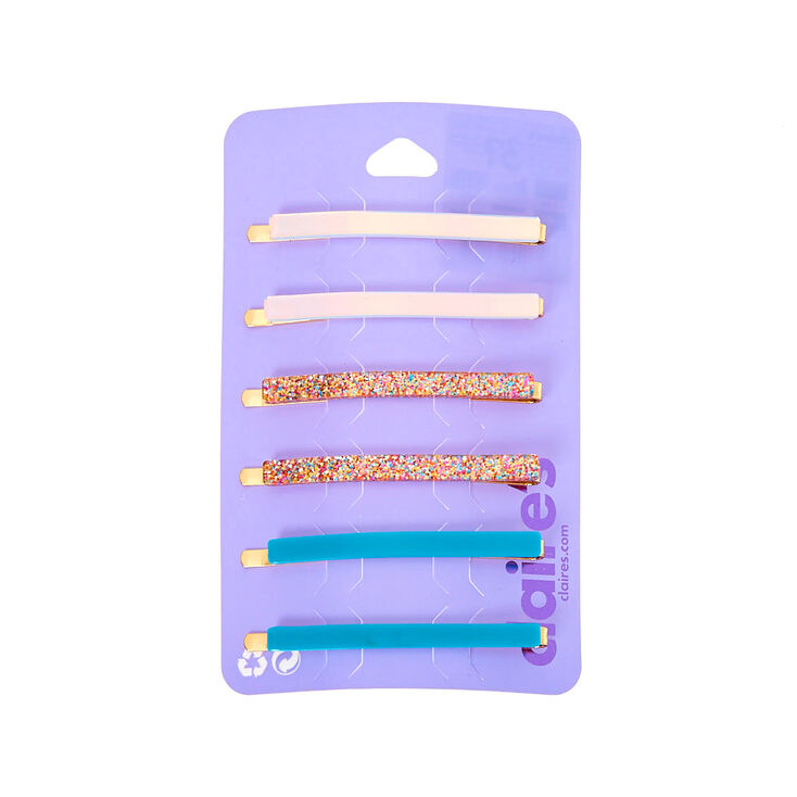 Holographic Rainbow Glitter Hair Pins - Blue, 6 Pack,