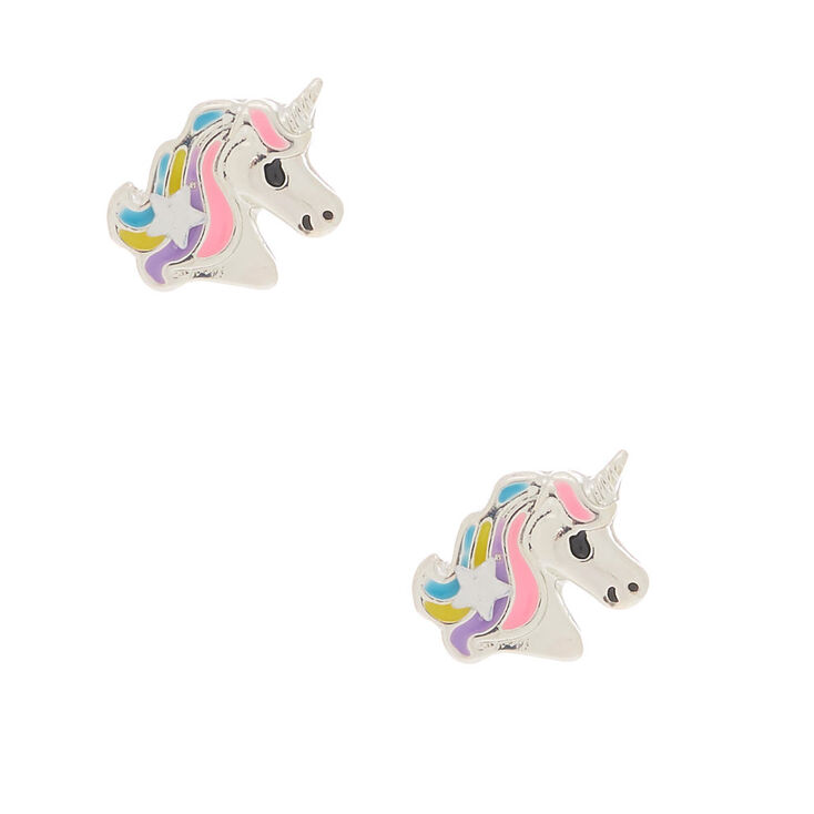 Clous d&#39;oreilles jolies licornes pastel couleur argent&eacute;e,