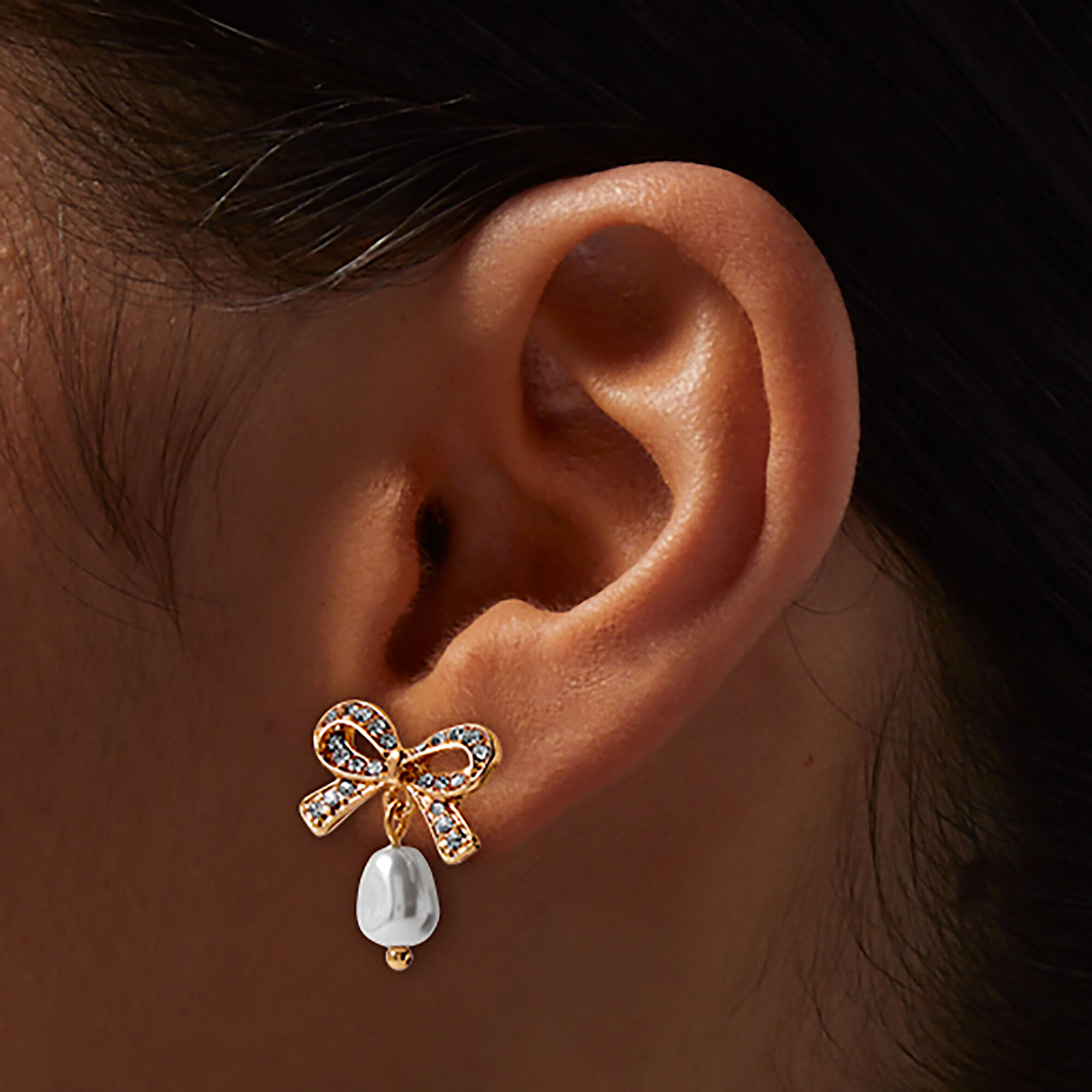 Gold-tone Pavé Bow & Pearl Drop Earrings,