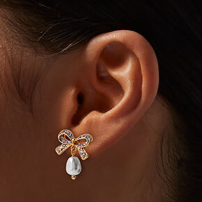 Gold-tone Pav&eacute; Bow &amp; Pearl Drop Earrings,