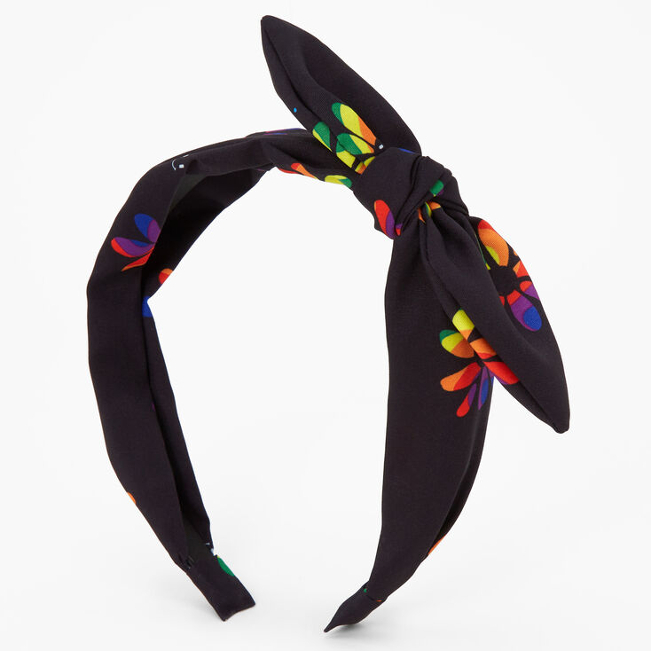 Black Rainbow Daisy Knotted Bow Headband,