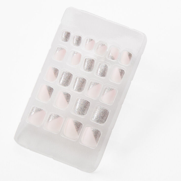 Silver Asymmetrical Square Press On Vegan Faux Nail Set - 24 Pack,