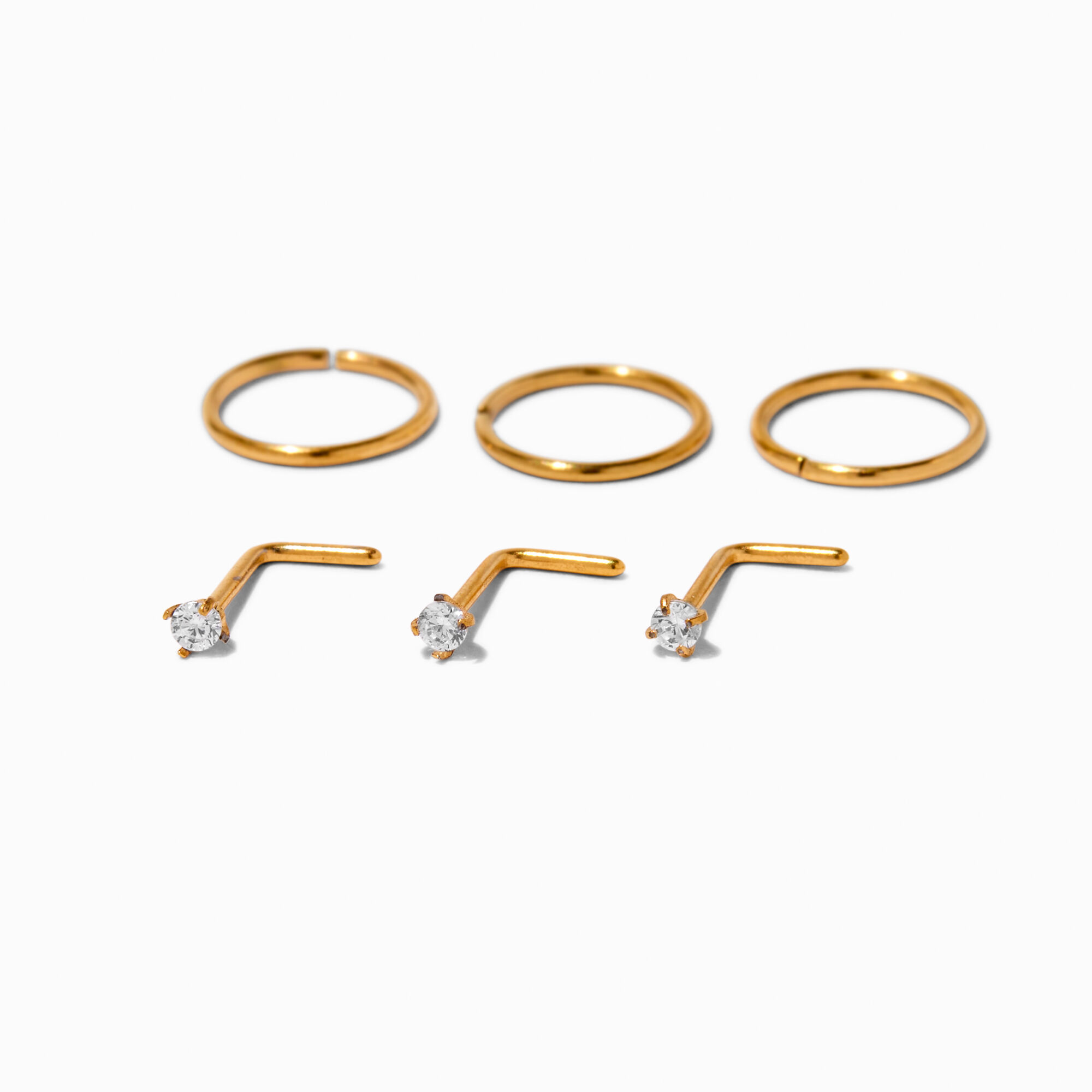 View Claires Tone Titanium 20G Cubic Zirconia Studs Hoops 6 Pack Gold information