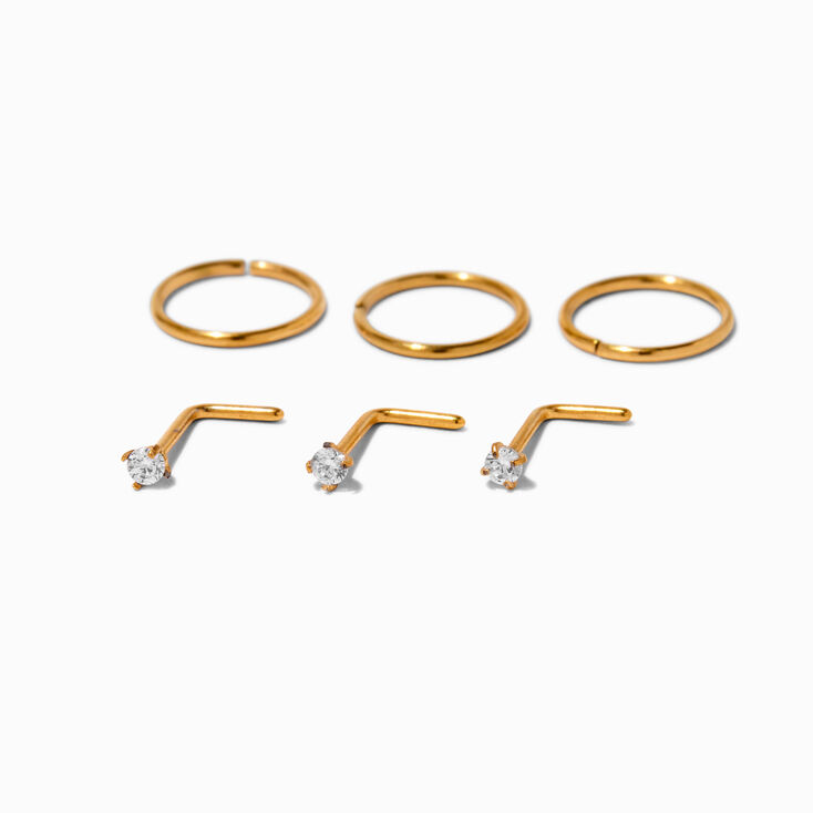 20G Gold-tone Titanium Cubic Zirconia Studs &amp; Hoops - 6 Pack,