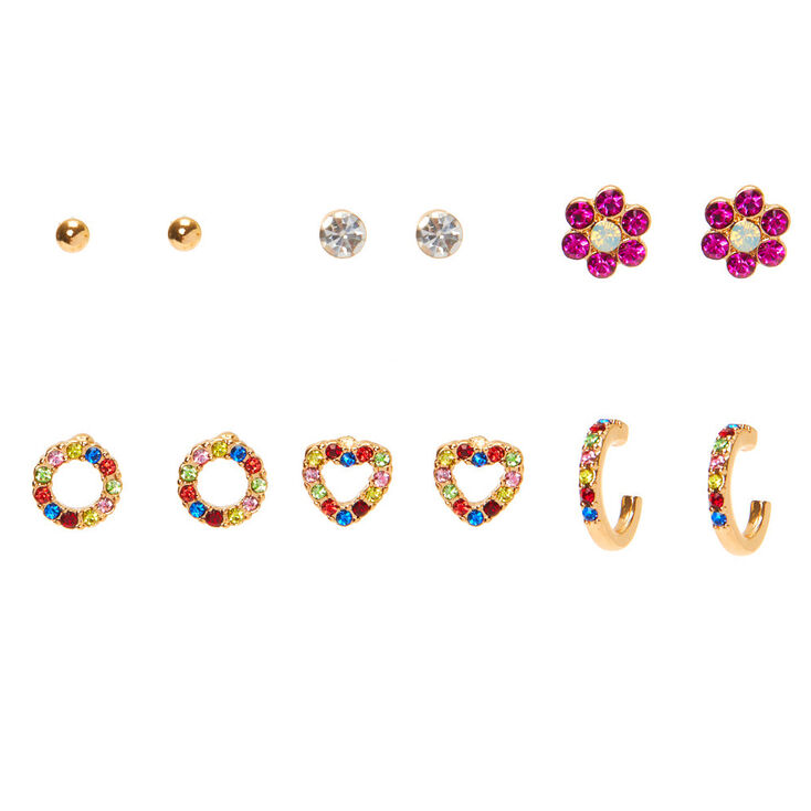 Gold Rainbow Crystal Stud Earrings - 6 Pack,