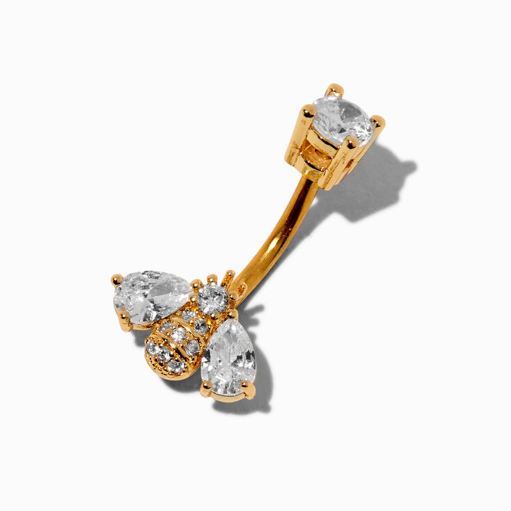 Gold-tone Stainless Steel Cubic Zirconia 14G Bee Belly Bar,