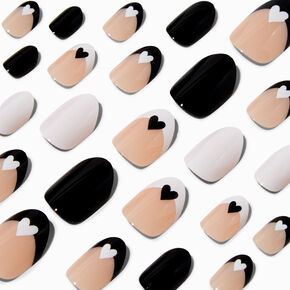 Black &amp; White Hearts Round Vegan Press On Faux Nail Set - 24 Pack,