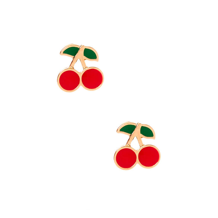 Sterling Silver Gold Cherry Stud Earrings - Red,